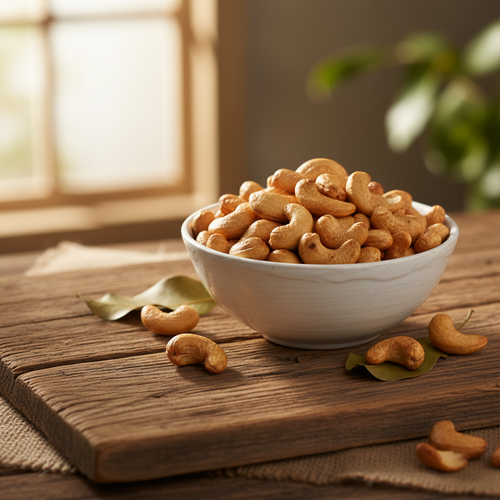 Premium roasted cashews in a white ceramic bowl
